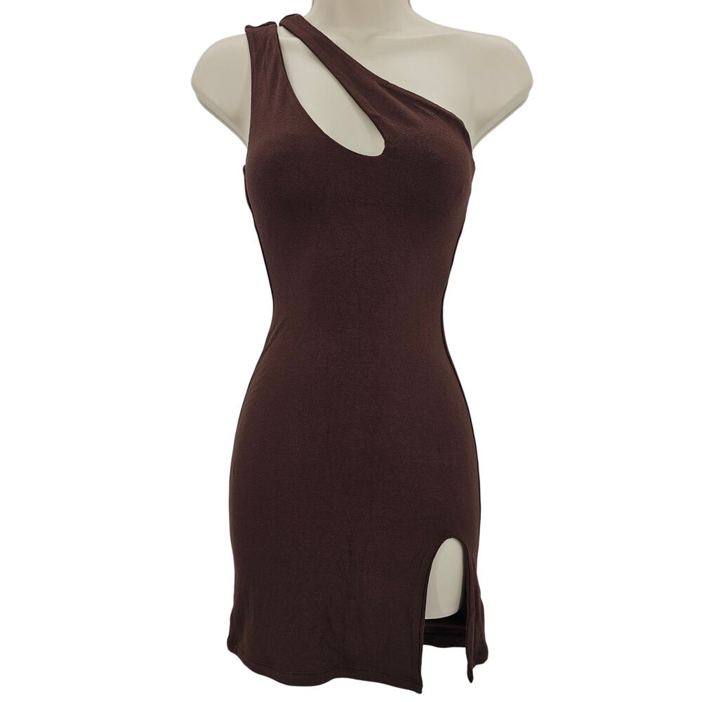 Naked Wardrobe Womans size L The Side Eye One Shoulder Mini Dress Brown NEW